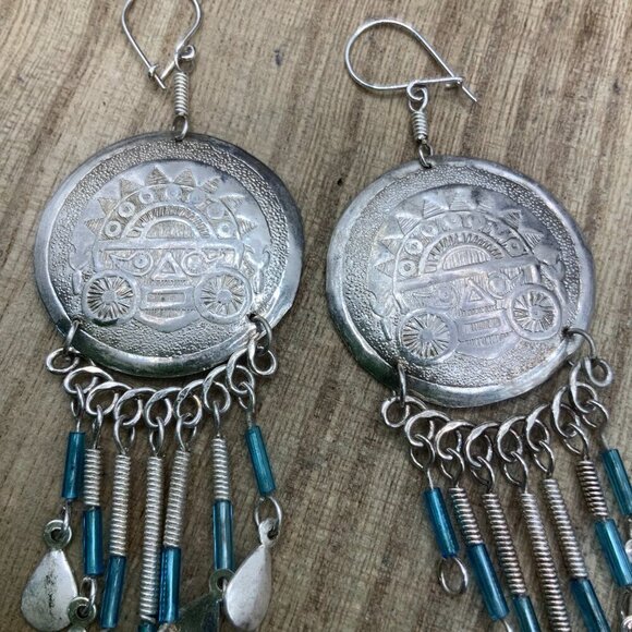 Peruvian Handmade Coin Silver Tone Dangling Hook Earrings - Picture 3 of 7